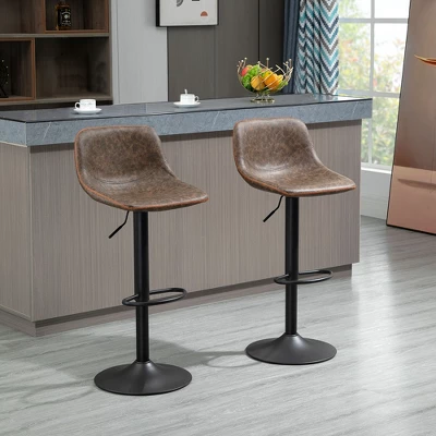 HOMCOM Adjustable Bar Stools Set Of 2, Swivel Bar Height Chairs Barstools Padded With Back For Kitchen, Counter, And Home Bar
