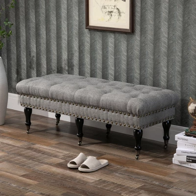 HOMCOM Mobile Upholstered Bench Rolling Button-Tufted Fabric Accent Ottoman With Nailhead Trim & Wheels - Image 2