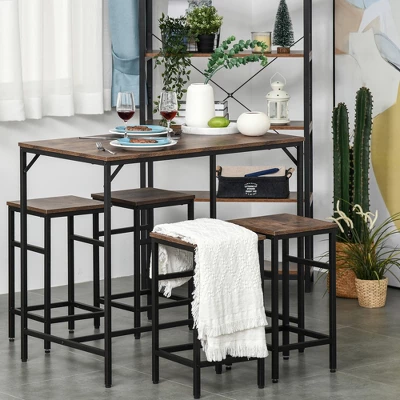 HOMCOM 5-Piece Industrial Dining Table Set, Bar Table & 4 Stools Set, Space Saving For Pub & Kitchen, Black/Brown