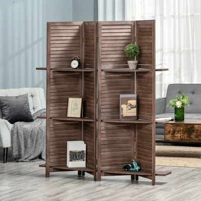 HOMCOM 4-Panel Folding Room Divider, 5.6 Ft Freestanding Paulownia Wood Privacy Screen Panel With Storage Shelves For Bedroom Or Office - Image 2