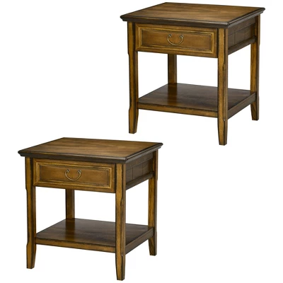 HOMCOM Vintage Side Table For Living Room Or Bedroom Storage End Table With Antique Handle Drawer & Shelf, Wooden Side Table, Set Of 2, Dark Coffee - Image 3