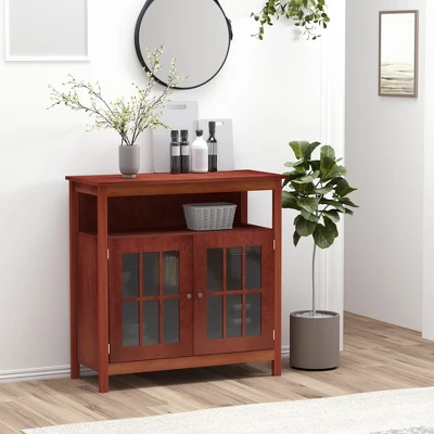 HOMCOM Kitchen Sideboard, Storage Buffet Cabinet With Open Shelf, Glass Door Cabinet And Adjustable Shelf For Living Room, Cherry - Image 2