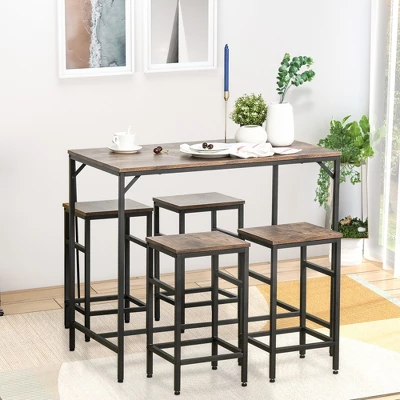 HOMCOM 5-Piece Industrial Dining Table Set, Bar Table & 4 Stools Set, Space Saving For Pub & Kitchen, Black/Brown - Image 2