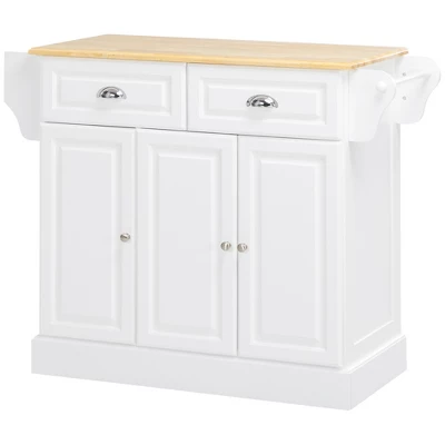 HOMCOM Kitchen Island With Storage Rolling Kitchen Serving Cart With Rubber Wood Top Towel Rack Storage Drawer And Cabinet White - Image 3
