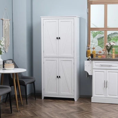 HOMCOM 72" Freestanding 4-Door Kitchen Pantry, Storage Cabinet Organizer With 4-Tiers, And Adjustable Shelves, White