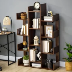 HOMCOM Tree Bookshelf, Modern Freestanding Bookcase With 13 Open Shelves, Display Unit For Living Room, Study, Or Office, Brown