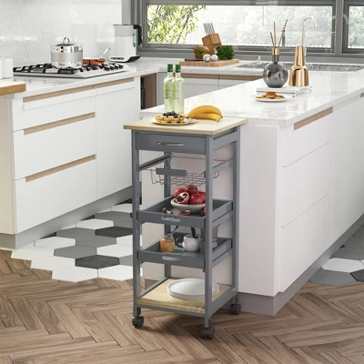 HOMCOM Mobile Rolling Kitchen Island Trolley Serving Cart With Underneath Drawer & Slide-Out Wire Storage Basket, Grey - Image 2
