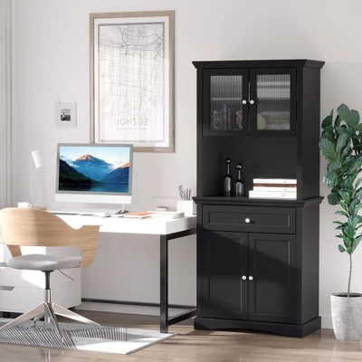 HOMCOM 71" Traditional Freestanding Kitchen Buffet With Hutch, Pantry Cabinet With 4 Doors, 3-Level Adjustable Shelves, And 1 Drawer, Black