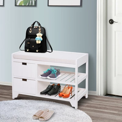 HOMCOM Shoe Cabinet, Wooden Storage Bench With Cushion, Entryway Rack With Drawers, Open Shelves - Image 2