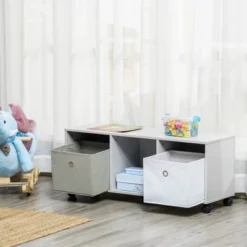 HOMCOM Kids Toy Chest With Cloth Drawers, Cabinet Storage Organizer Children Display Shelf For Toys, Clothes, Or Books For Bedroom With Wheels