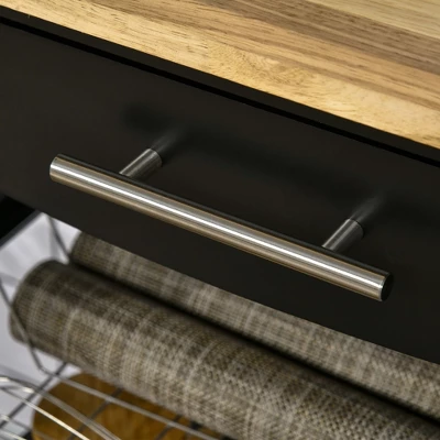 HOMCOM 3-Tier Utility Kitchen Cart With Handle Bar, Steel Basket Rolling Cart, Food Storage Service Trolley With Drawer, Rubber Wood Top, Black - Image 5