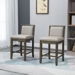 HOMCOM 25.5" Counter Height Bar Stools Set Of 2, PU Leather Kitchen Stool, Upholstered Bar Chairs With Back, Wood Legs, Gray