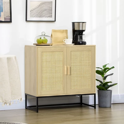 HOMCOM Accent Cabinet, Sideboard Buffet Cabinet With Rattan Doors, Adjustable Shelf And Metal Base, Boho Storage Cabinet, Natural - Image 2