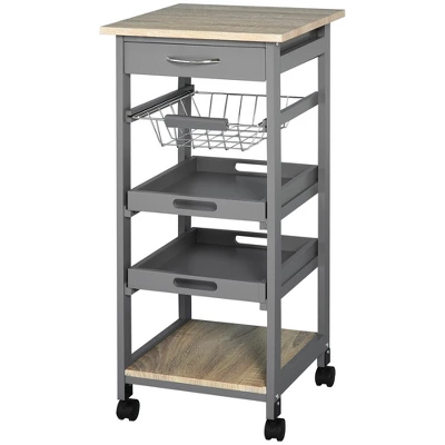 HOMCOM Mobile Rolling Kitchen Island Trolley Serving Cart With Underneath Drawer & Slide-Out Wire Storage Basket, Grey - Image 3