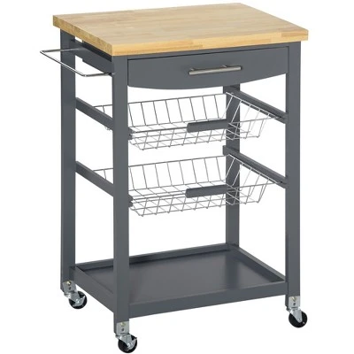 HOMCOM 3-Tier Utility Kitchen Cart With Handle Bar, Steel Basket Rolling Cart, Food Storage Service Trolley With Drawer, Rubber Wood Top - Image 6