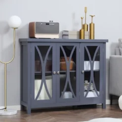 HOMCOM Elegant Kitchen Sideboard, Buffet Cabinet With Storage, Adjustable Shelves For Living Room, Study, 3 Glass Doors, Gray