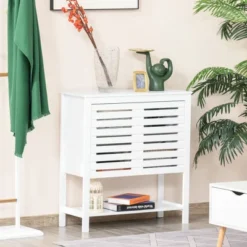 HOMCOM Buffet Sideboard Storage Cabinet With Slat Double Doors, Enclosed Adjustable Shelf And Open Bottom Shelf, White