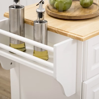 HOMCOM Kitchen Island With Storage Rolling Kitchen Serving Cart With Rubber Wood Top Towel Rack Storage Drawer And Cabinet White - Image 4