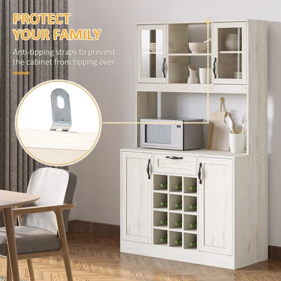 HOMCOM Kitchen Buffet With Hutch Cupboard With Utility Drawer, 4 Door Cabinets, And Optional 12-Bottle Wine Storage, White - Image 4