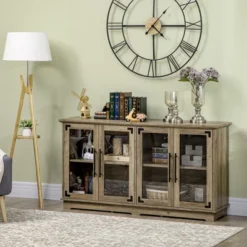 HOMCOM Farmhouse Sideboard, Buffet Cabinet, Coffee Bar Cabinet With 4 Glass Doors, Credenza, Distressed Grey