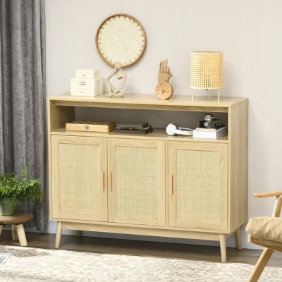 HOMCOM Kitchen Sideboard With 2 Cabinets, Boho Buffet Cabinet With 3 Rattan Decorated Doors And Adjustable Shelf, Coffee Bar Cabinet - Image 2