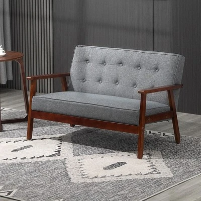 HOMCOM Modern Upholstered 2-Seat Loveseat Sofa With Linen-Touch Fabric And Rubberwood Legs, Gray