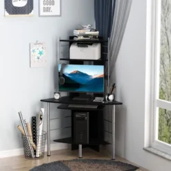 HOMCOM 62" Arch Corner Computer Desk With Printer Hutch And Storage Shelf