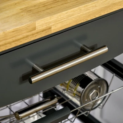 HOMCOM 3-Tier Utility Kitchen Cart With Handle Bar, Steel Basket Rolling Cart, Food Storage Service Trolley With Drawer, Rubber Wood Top - Image 5