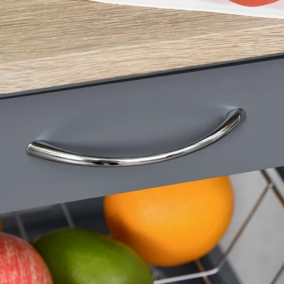 HOMCOM Mobile Rolling Kitchen Island Trolley Serving Cart With Underneath Drawer & Slide-Out Wire Storage Basket, Grey - Image 4