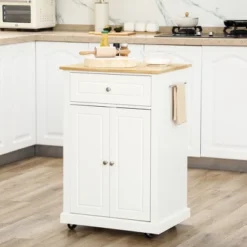 HOMCOM Rolling Kitchen Island Cart, Portable Serving Trolley Table With Drawer, Adjustable Shelf And 2 Towel Racks, Cream White