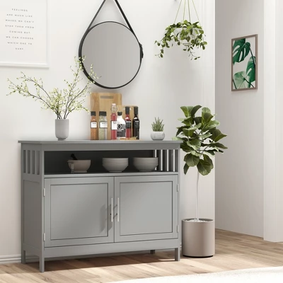 HOMCOM Kitchen Sideboard, Buffet Cabinet, Wooden Storage Console Table With 2-Level Cabinet And Open Shelf, Gray - Image 2