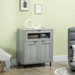 HOMCOM Industrial Buffet Cabinet, Kitchen Sideboard With Metal Grid Flip Drawer, 2-Tier Cabinet, Adjustable Shelf For Living Room, Dining Room, Gray