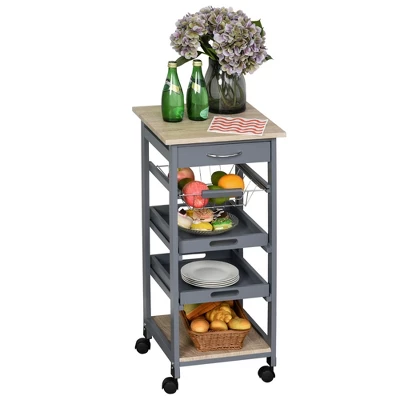 HOMCOM Mobile Rolling Kitchen Island Trolley Serving Cart With Underneath Drawer & Slide-Out Wire Storage Basket, Grey - Image 6
