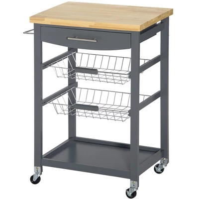 HOMCOM 3-Tier Utility Kitchen Cart With Handle Bar, Steel Basket Rolling Cart, Food Storage Service Trolley With Drawer, Rubber Wood Top - Image 3