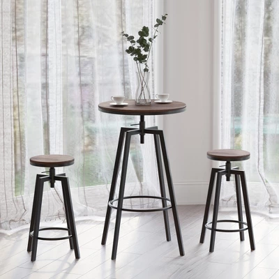 HOMCOM 3 Piece Industrial Adjustable Dining Table Set, Bar Height Bistro Table And Swivel Pub Stools For Small Space