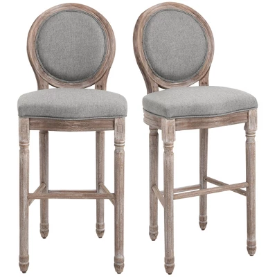 HOMCOM Vintage Bar Stools Set Of 2, Wood Barstools Accent Chairs With Soft Linen Cushions & Footrest, 29.5" Seat Height - Image 3