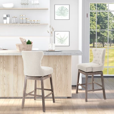 HOMCOM Upholstered Fabric Bar Height Bar Stools Set Of 2, 180° Swivel Nailhead-Trim Pub Chairs, 30" Seat Height With Rubber Wood Legs - Image 2