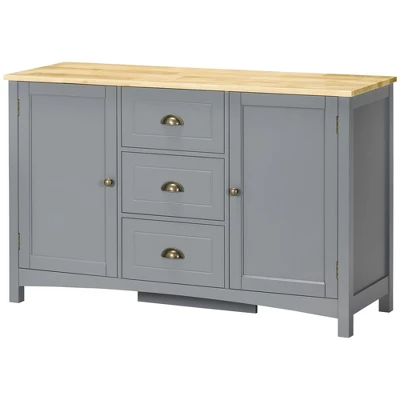 HOMCOM Buffet Cabinet With 3 Storage Drawers And Adjustable Shelves, 2 Door Sideboard With Rubber Wood Top, Coffee Bar For Living Room, Gray - Image 3