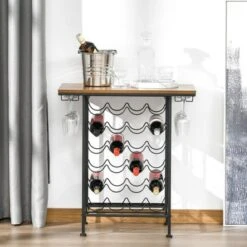 HOMCOM 24-Bottle Industrial Modern Wine Rack Table, Freestanding 6 Tier Wine Bottle Organizer With Glass Stemware Holder , Natural / Black