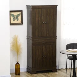 HOMCOM 72" Farmhouse Kitchen Pantry, 4-Door Rustic Storage Cabinet With Drawer And 3 Shelves, Walnut