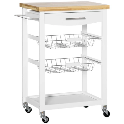HOMCOM 3-Tier Utility Kitchen Cart With Handle Bar, Steel Basket Rolling Cart, Food Storage Service Trolley With Drawer, Rubber Wood Top - Image 7