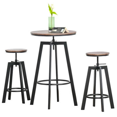 HOMCOM 3 Piece Industrial Adjustable Dining Table Set, Bar Height Bistro Table And Swivel Pub Stools For Small Space - Image 3