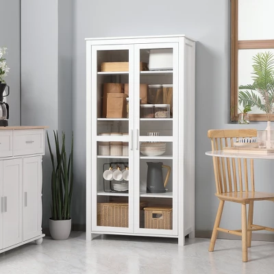 HOMCOM Freestanding Kitchen Pantry, 5-tier Storage Cabinet With Adjustable Shelves And 2 Glass Doors, White - Image 2