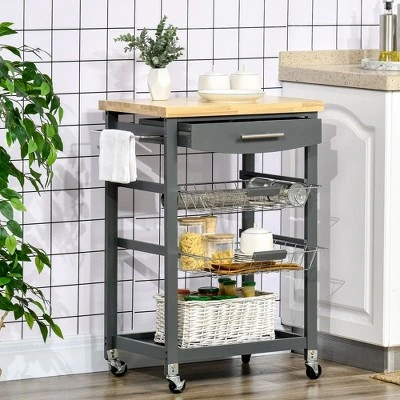HOMCOM 3-Tier Utility Kitchen Cart With Handle Bar, Steel Basket Rolling Cart, Food Storage Service Trolley With Drawer, Rubber Wood Top