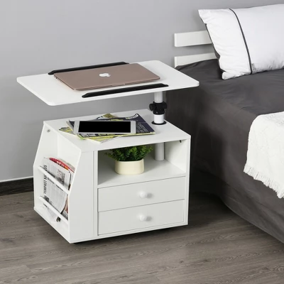 HOMCOM Modern End/Side Table For Living Room Or Bedroom With A 360° Adjustable Height Tabletop & Storage Drawers, White - Image 2