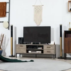 HOMCOM TV Stand For TV Up To 50 Inches, Entertainment Center With Door, Open Storage And Drawers, TV Table With Steel Legs, Gray