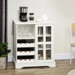 HOMCOM Modern Buffet Cabinet With Sliding Door, Wine Bar Cabinet With Storage, Kitchen/Dining Room Storage Cabinet With Shelves, White