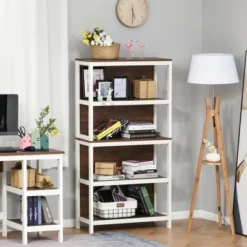 HOMCOM 4 Tier Bookshelf Utility Storage Shelf Organizer With Back Support