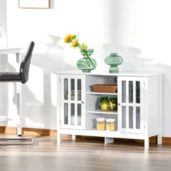 HOMCOM Modern Sideboard, Storage Cabinet, Buffet With 2 Slatted Framed Doors, Open Middle Shelving And Cable Management Hole