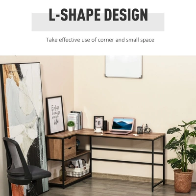 HOMCOM L-Shaped Home Office Writing Desk With Storage Shelf Drawer Industrial Corner PC Study Table Computer Workstation Brown - Image 3